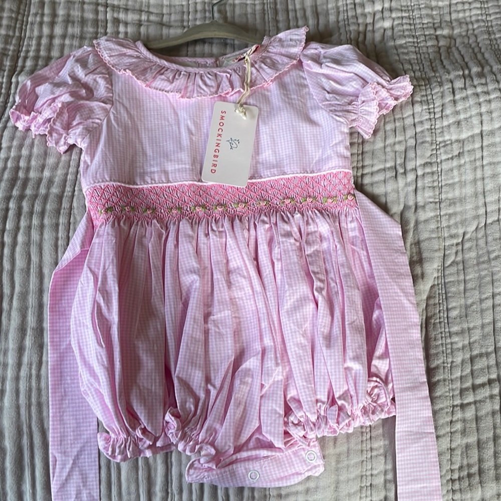 NWT pink smocked bubble with floral embroidery
